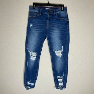 refuge Women's Skinny Jeans - Dark Blue Distressed